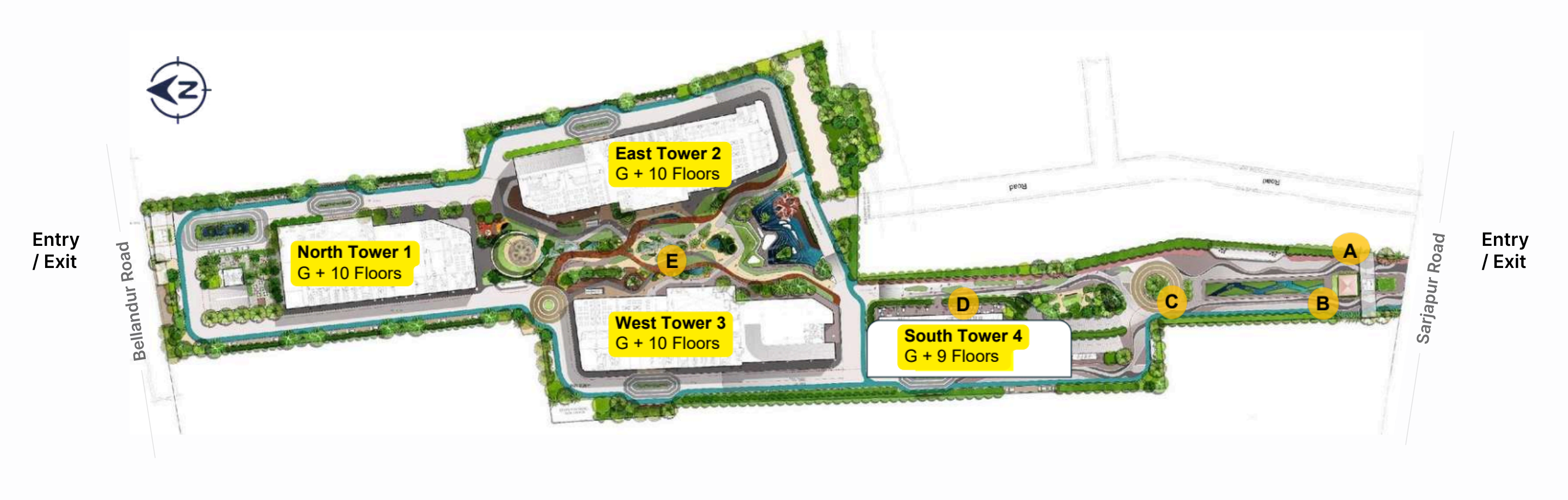 Shahi Business Park site plan with North, East, West and South towers, entry and exit from Bellandur Road and Sarjapur Road