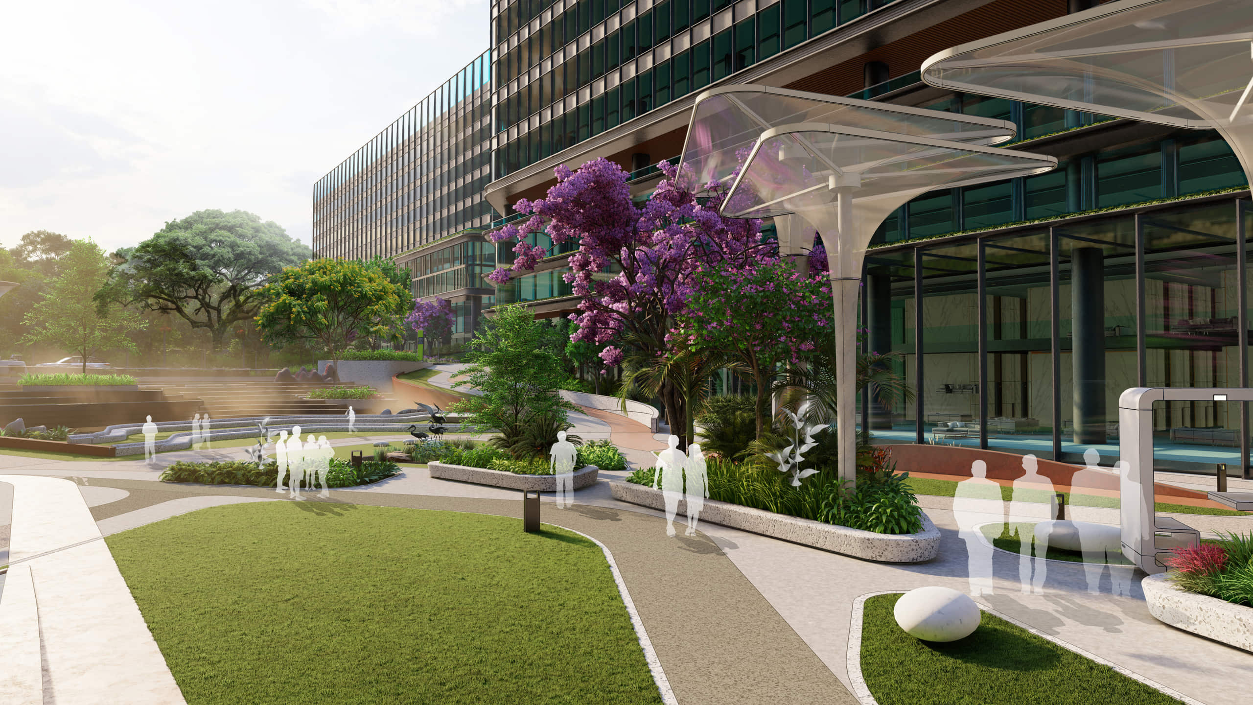 Landscaped plaza with amphitheatre seating and walkable paths