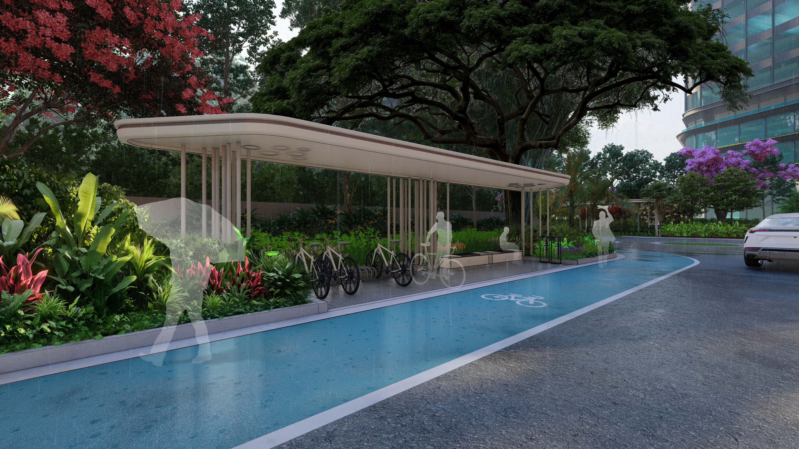 Covered bicycle parking and dedicated cycling path through landscaped campus