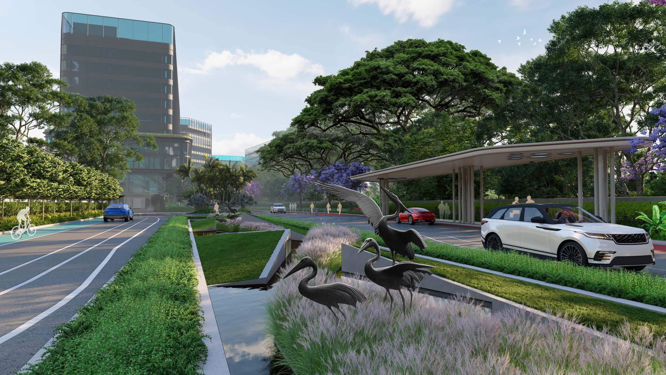 Arrival driveway with water features, drop-off canopy and landscaped greens