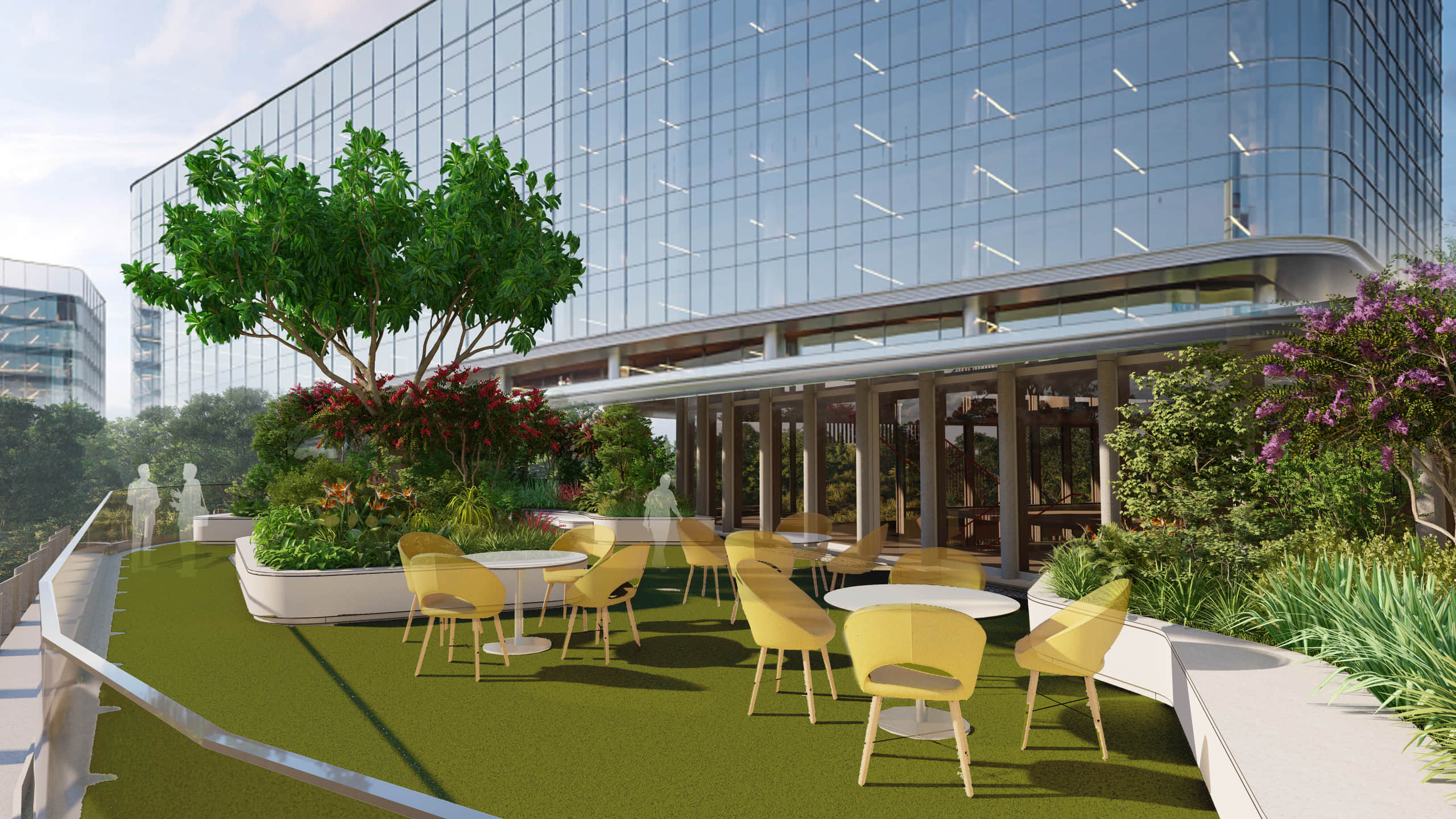 Rooftop terrace with outdoor dining overlooking glass towers