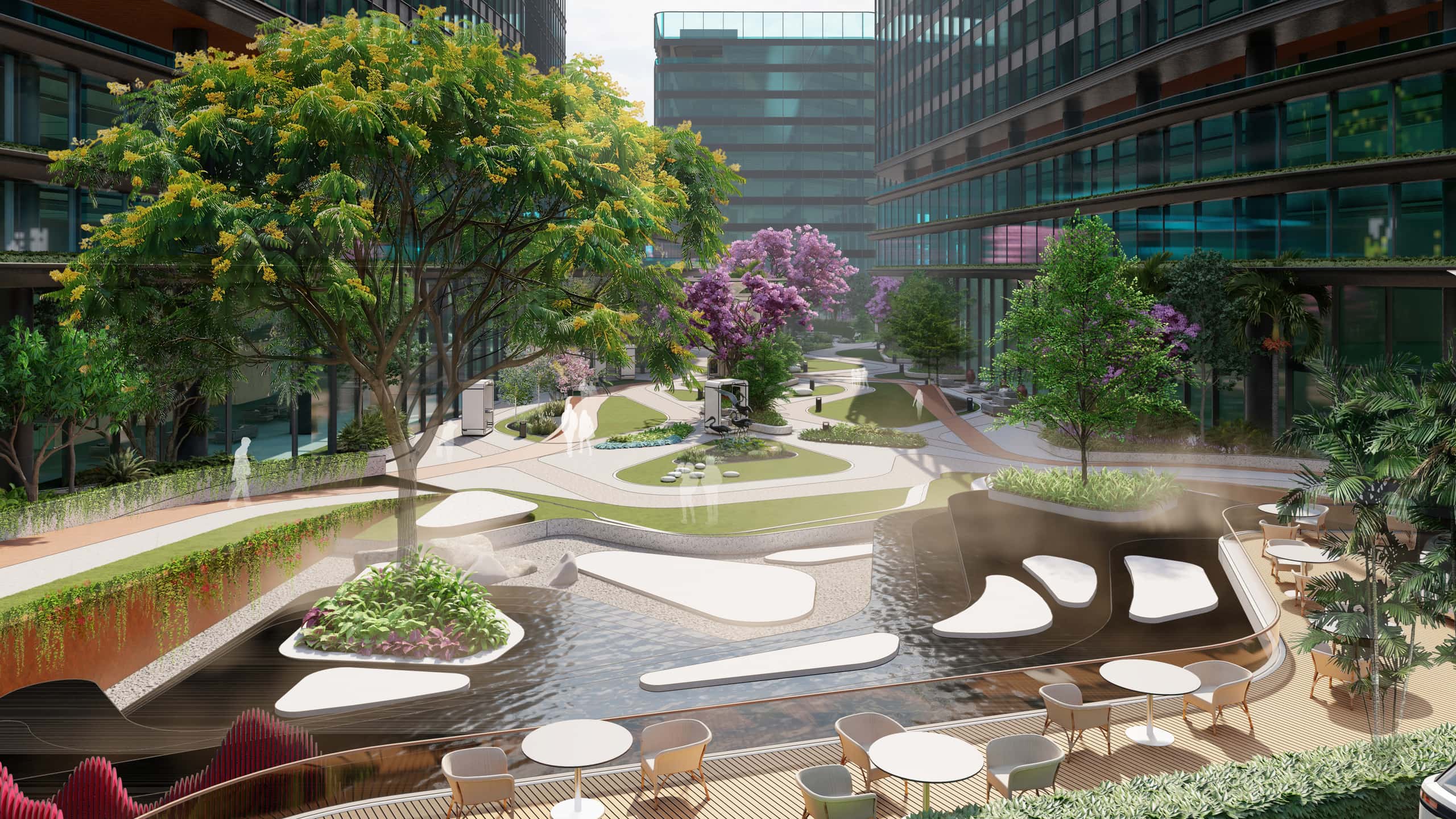 Tiered water courtyard with stepping stones, mist and landscaped greens