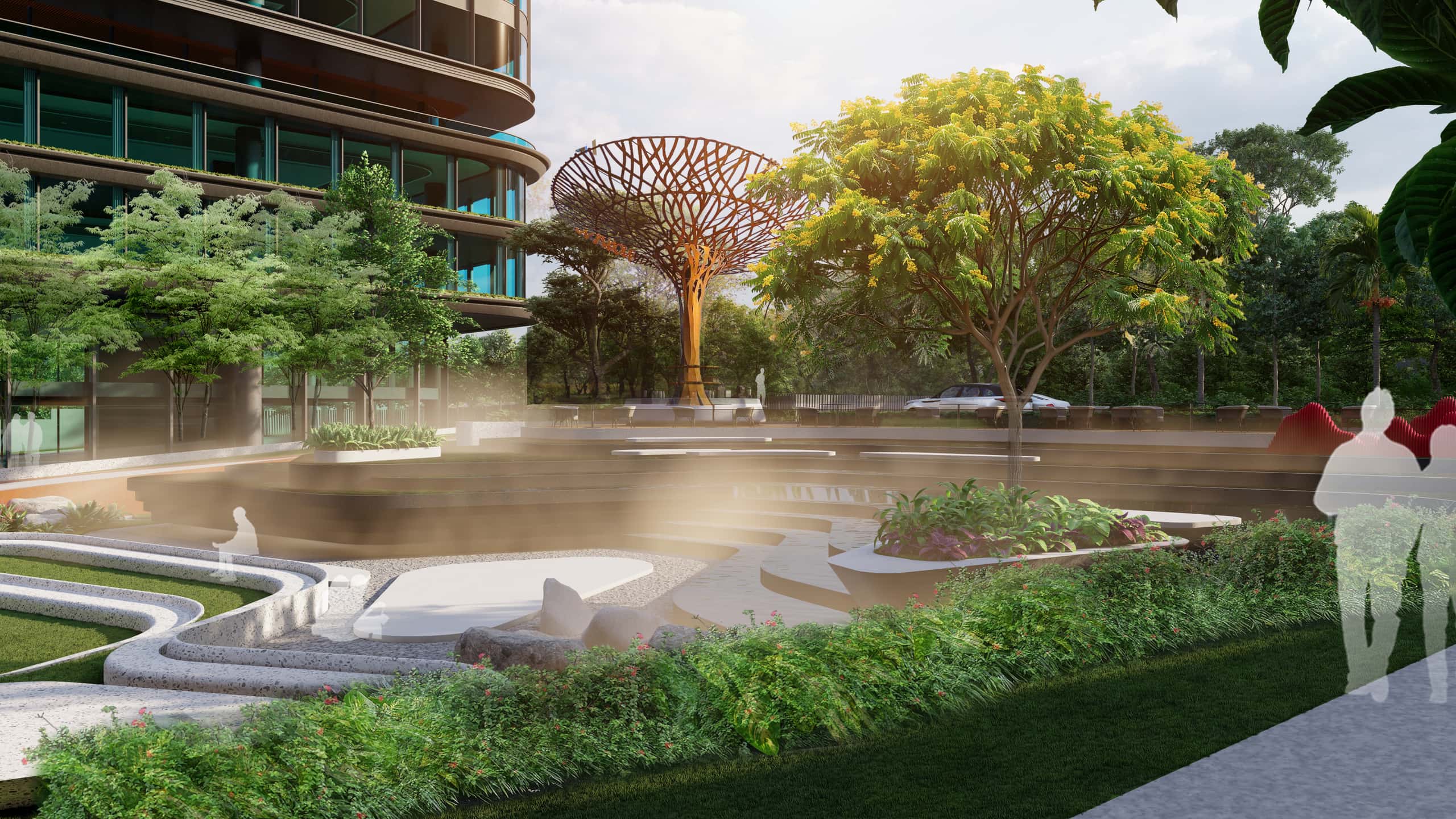 Central plaza with mist, tiered seating and sculptural canopy
