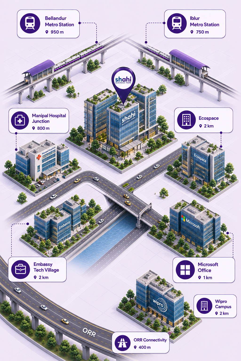 Location infographic showing Shahi Business Park with nearby metro stations, ORR connectivity, Manipal Hospital, Ecospace, Embassy Tech Village, Microsoft Office and Wipro Campus